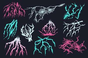 Lightning isolated graphic elements set in flat design. Bundle of flash lights of rain or thunderstorm, colorful energy sparks in night sky of different shapes, electrical effect. illustration. vector