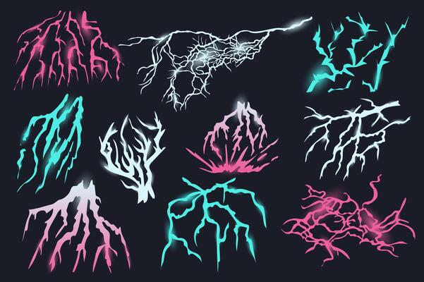 Lightning isolated graphic elements set in flat design. Bundle of flash lights of rain or thunderstorm, colorful energy sparks in night sky of different shapes, electrical effect. illustration.