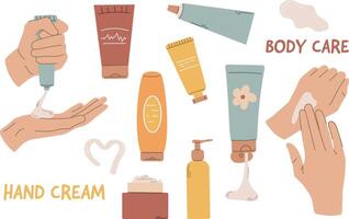 Set of hand creams, close up of a set of female hands applying cream from a tube, skin care concept, flat illustration vector