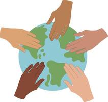 mano de personas con diferente piel colores participación globo símbolo, planeta tierra, plano ilustración, mundo concepto vector