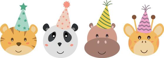 contento cumpleaños concepto conjunto de animales en fiesta sombrero, gracioso animal personaje a cumpleaños fiesta vector