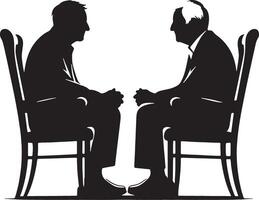 Two elderly people sitting on a chair and gossiping together clipart silhouette in black colour. Elder Friends illustration template vector