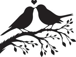 Loving birds on the branch of a tree clipart silhouette in black colour. Dove illustration template for tattoo or laser cutting. vector