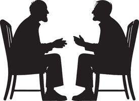 Two elderly people sitting on a chair and gossiping together clipart silhouette in black colour. Elder Friends illustration template vector