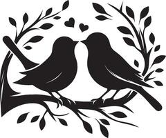 Loving birds on the branch of a tree clipart silhouette in black colour. Dove illustration template for tattoo or laser cutting. vector