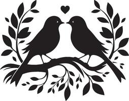 Loving birds on the branch of a tree clipart silhouette in black colour. Dove illustration template for tattoo or laser cutting. vector