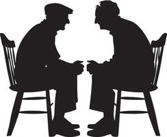 Two elderly people sitting on a chair and gossiping together clipart silhouette in black colour. Elder Friends illustration template vector