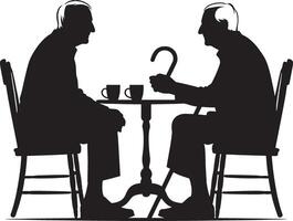 Two elderly people sitting on a chair and gossiping together clipart silhouette in black colour. Elder Friends illustration template vector