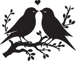 Loving birds on the branch of a tree clipart silhouette in black colour. Dove illustration template for tattoo or laser cutting. vector