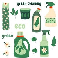 Eco friendly products for house cleaning. Bottles, jars, spray, cleaning agent. Household organic product. vector