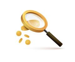 A golden magnifying glass in the form of a coin examines and magnifies money. vector