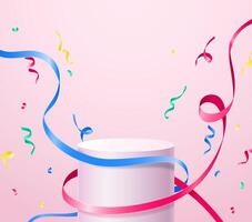 A podium with confetti ribbons for the presentation of your product on a light pink background. vector