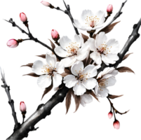 Cherry blossom branch with several soft, detailed flowers. AI-Generated. png