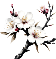 Cherry blossom branch with several soft, detailed flowers. AI-Generated. png