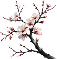 Cherry blossom branch with several soft, detailed flowers. AI-Generated. png