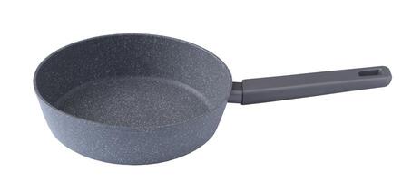New granite frying pan isolated on white background, top view. Empty fry pan with handle. photo