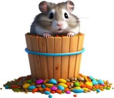 A chubby grey hamster peeking out of a wooden bucket. Ai-generated. png