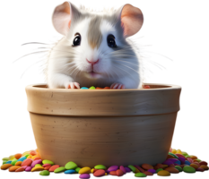 A chubby grey hamster peeking out of a wooden bucket. Ai-generated. png