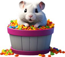 A chubby grey hamster peeking out of a wooden bucket. Ai-generated. png