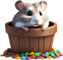 A chubby grey hamster peeking out of a wooden bucket. Ai-generated. png