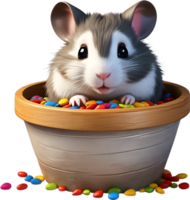 A chubby grey hamster peeking out of a wooden bucket. Ai-generated. png
