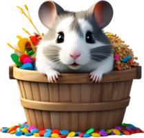 A chubby grey hamster peeking out of a wooden bucket. Ai-generated. png