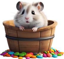 A chubby grey hamster peeking out of a wooden bucket. Ai-generated. png