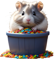 A chubby grey hamster peeking out of a wooden bucket. Ai-generated. png