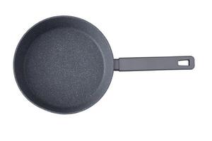 New granite frying pan isolated on white background, top view. Empty fry pan with handle. photo