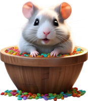 A chubby grey hamster peeking out of a wooden bucket. Ai-generated. png