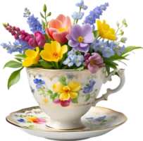 A vintage-style teacup overflowing with colorful spring flowers. Mothers Day clipart. AI-Generated. png