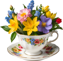 A vintage-style teacup overflowing with colorful spring flowers. Mothers Day clipart. AI-Generated. png