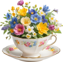 un' stile vintage tazza di tè traboccante con colorato primavera fiori. madri giorno clipart. ai-generato. png