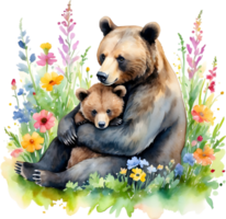 Watercolor painting of a momma bear cuddling her playful cub. Mothers Day clipart. AI-Generated. png