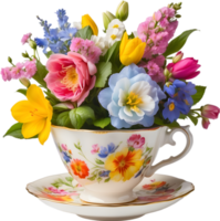 A vintage-style teacup overflowing with colorful spring flowers. Mothers Day clipart. AI-Generated. png