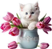 un mullido blanco gatito echar un vistazo fuera desde un Clásico tarro lleno de rosado y púrpura tulipanes madres día clipart. ai-generado. png