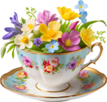 ein Vintage-Stil Teetasse überfüllt mit bunt Frühling Blumen. Mütter Tag Clip Art. KI-generiert. png