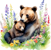 waterverf schilderij van een mama beer knuffelen haar speels welp. moeders dag clip art. ai-gegenereerd. png