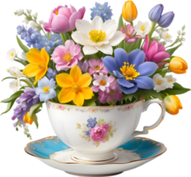 A vintage-style teacup overflowing with colorful spring flowers. Mothers Day clipart. AI-Generated. png