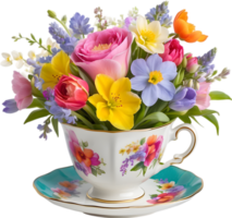 uma estilo vintage xícara de chá transbordante com colorida Primavera flores mães dia clipart. gerado por ai. png