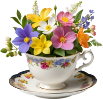 A vintage-style teacup overflowing with colorful spring flowers. Mothers Day clipart. AI-Generated. png