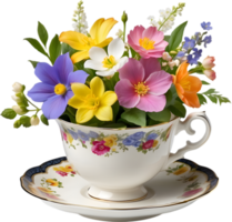 un estilo vintage taza para té desbordante con vistoso primavera flores madres día clipart. ai-generado. png