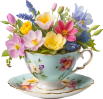 A vintage-style teacup overflowing with colorful spring flowers. Mothers Day clipart. AI-Generated. png