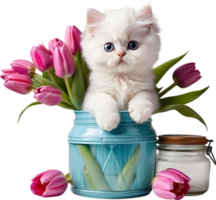 A fluffy white kitten peeking out from a vintage jar full of pink and purple tulips. Mothers Day clipart. AI-Generated. png