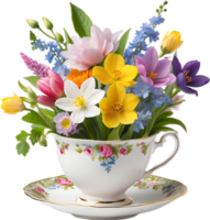 A vintage-style teacup overflowing with colorful spring flowers. Mothers Day clipart. AI-Generated. png