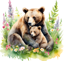 Watercolor painting of a momma bear cuddling her playful cub. Mothers Day clipart. AI-Generated. png