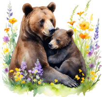 waterverf schilderij van een mama beer knuffelen haar speels welp. moeders dag clip art. ai-gegenereerd. png