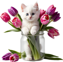 A fluffy white kitten peeking out from a vintage jar full of pink and purple tulips. Mothers Day clipart. AI-Generated. png