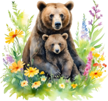 Watercolor painting of a momma bear cuddling her playful cub. Mothers Day clipart. AI-Generated. png