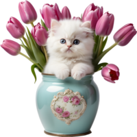 A fluffy white kitten peeking out from a vintage jar full of pink and purple tulips. Mothers Day clipart. AI-Generated. png